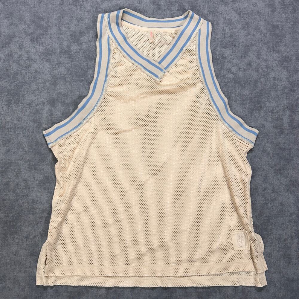 Free People Movement Off The Court Tank Cream Blue Mesh V-Neck Athletic Womens L
